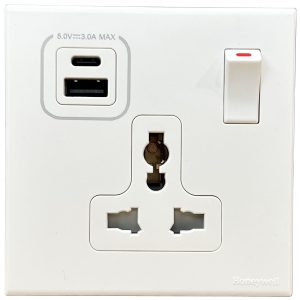 Ổ cắm 3 chấu có công tắc + 2*USB Type A,C – Honeywell – EW2835UDPWHI
